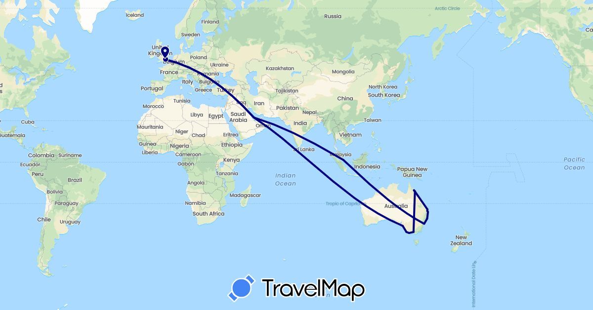 TravelMap itinerary: driving in Australia, United Kingdom, Qatar, Singapore (Asia, Europe, Oceania)